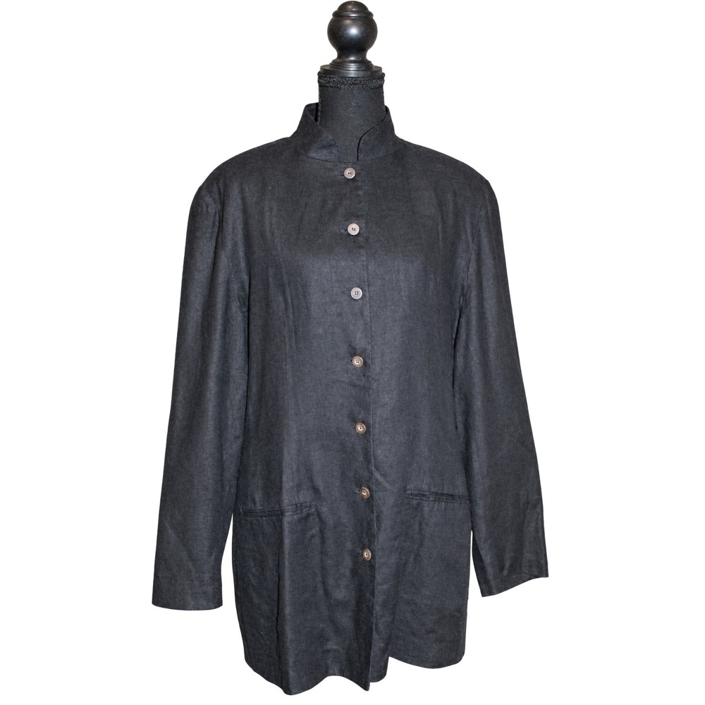 Vintage 80s 90s Express Black Linen Mandarin Collar Jacket Coat Made in USA 9/10